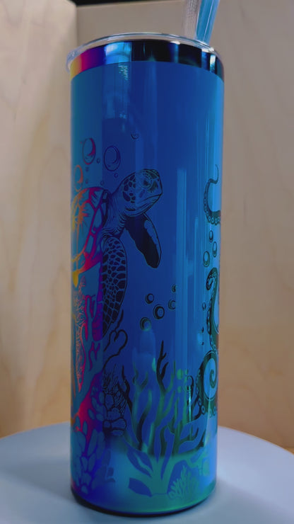 Octopus and Turtle 20oz Blue Rainbow Tumbler